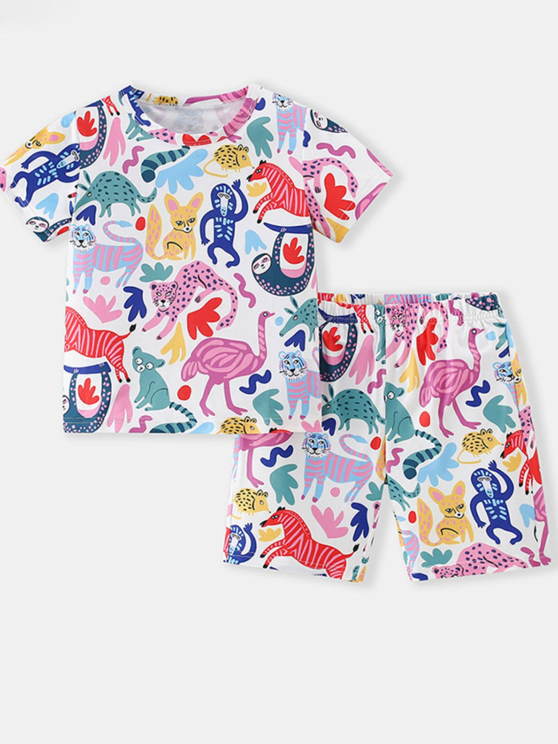 Toddler tee and shorts set with a colorful cartoon animal print, 100% polyester.