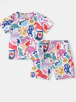 Toddler tee and shorts set with a colorful cartoon animal print, 100% polyester.