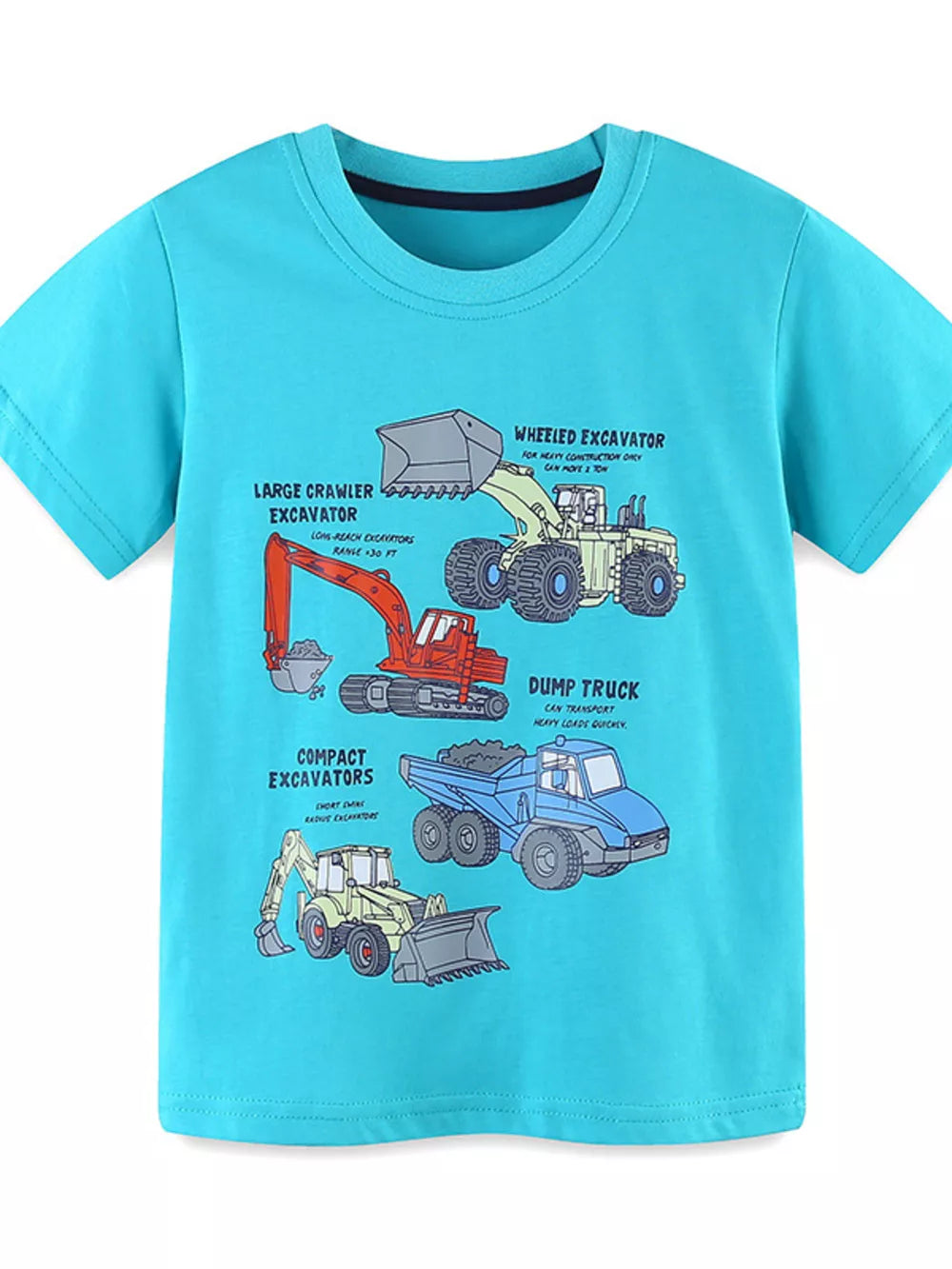 Blue cotton blend toddler t-shirt with construction vehicles graphic print.