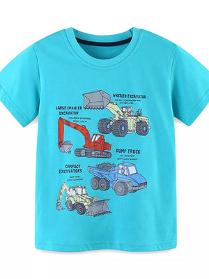 Blue cotton blend toddler t-shirt with construction vehicles graphic print.