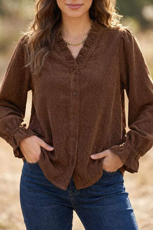 Solid Color Ruffle Trim V Neck Corduroy Jacket option 3