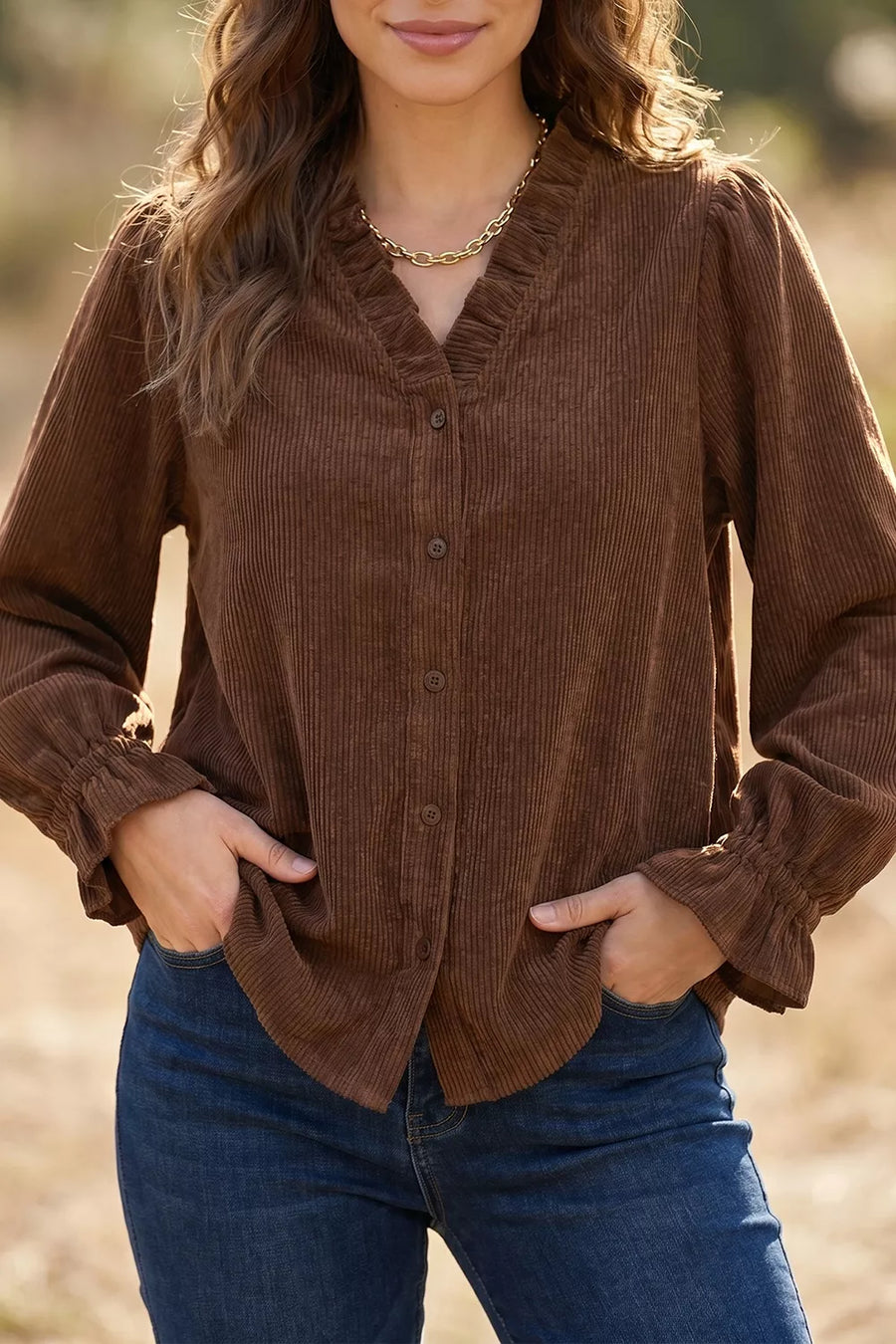 Solid Color Ruffle Trim V Neck Corduroy Jacket option 3