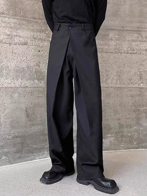Men's black wide-leg dress pants with a unique wrap-style front and a relaxed fit.