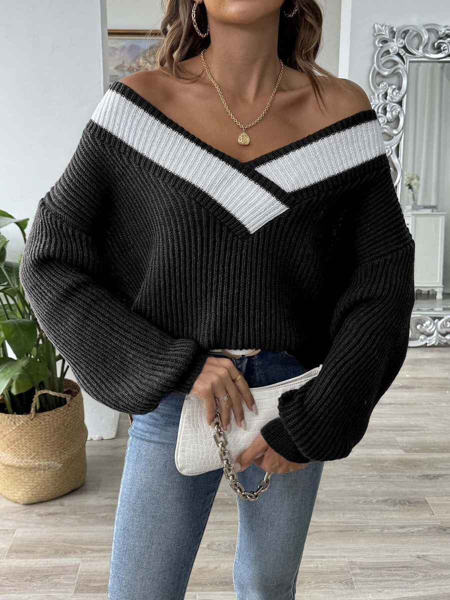 v-neck sweater featuring color-block in Dark Brown with 100% acrylic Care instructions: Machine wash cold texture
