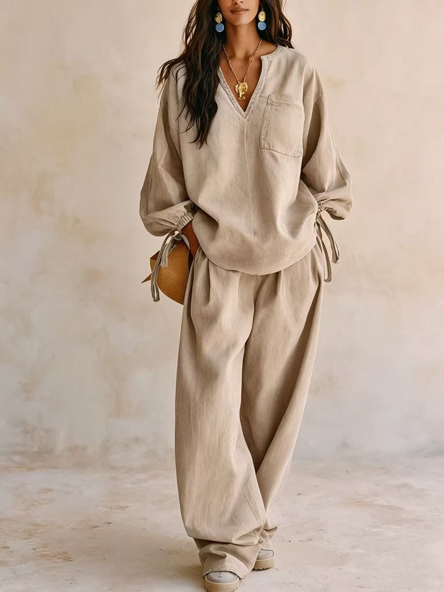 light blue lounge set with chest pocket and long sleeve