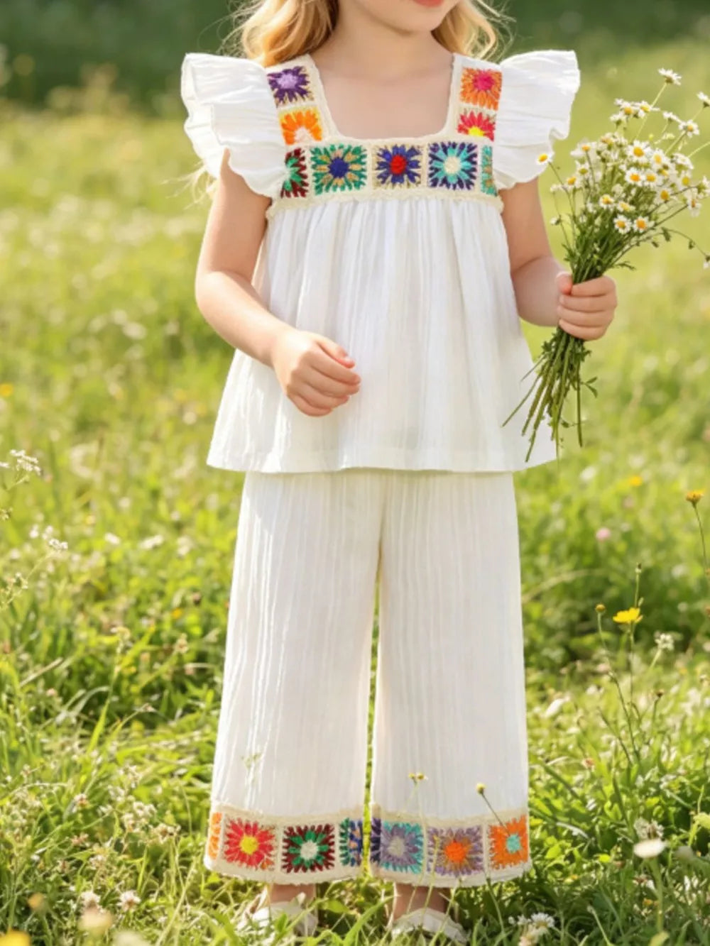 White Children's Crochet Trimmed Top And Pants Set