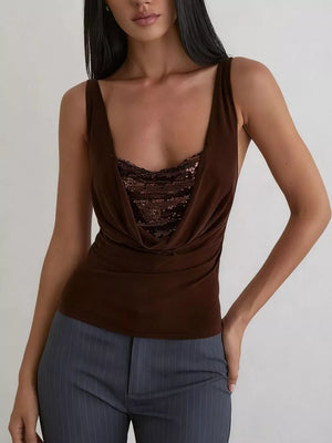 Dark brown sequin ruched cowl neck tank top with lace trim detail
