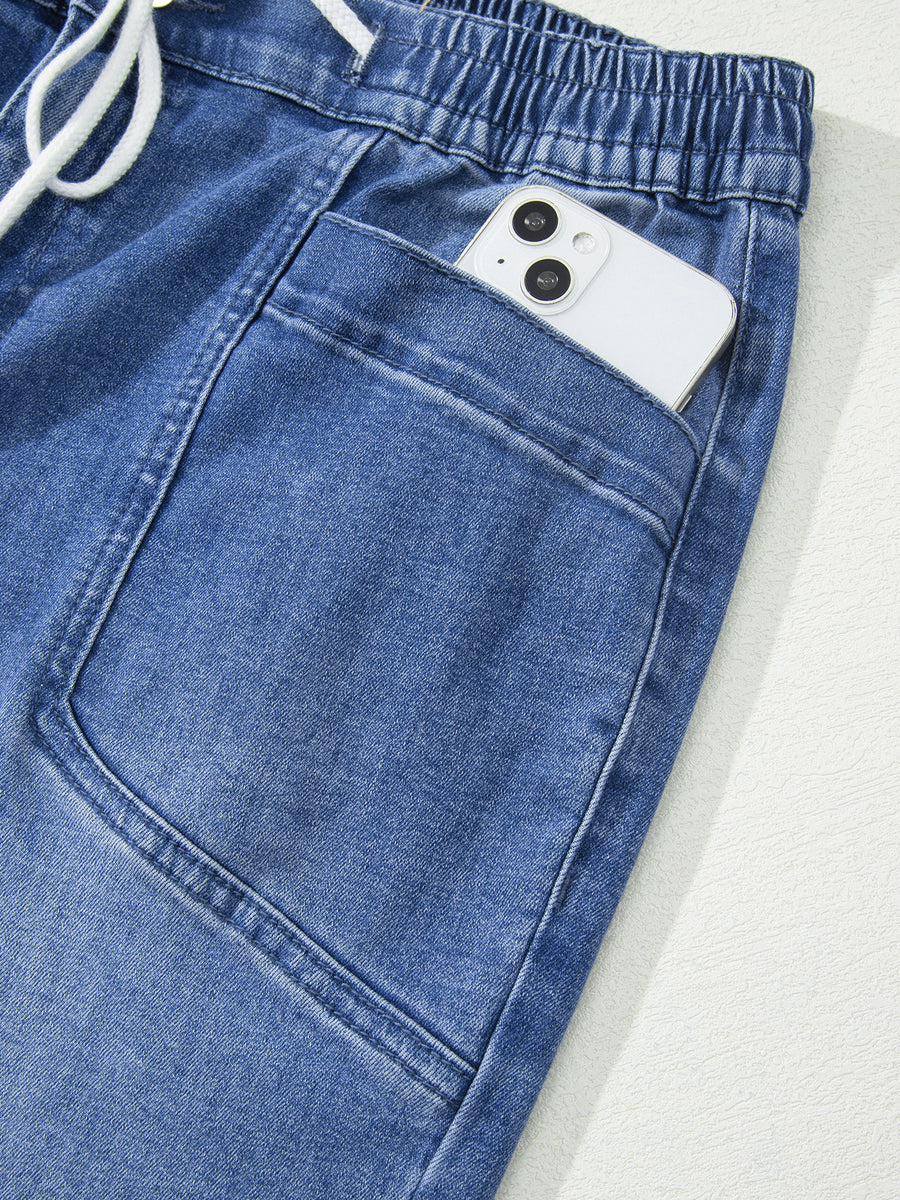 Drawstring Waist Ankle Length Casual Jeans in medium blue with drawstring waist
