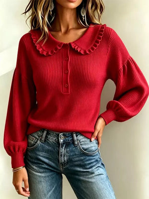 Full Size Ruffle Collar Button Sweater in Red with ribbed