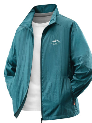 Military green lightweight windbreaker jacket with embroidered mountain logo on chest.