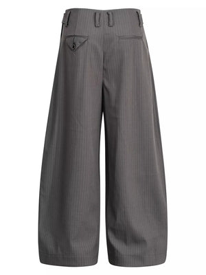 Grey pinstripe wide-leg men's sweatpants with buttoned back pocket detail.