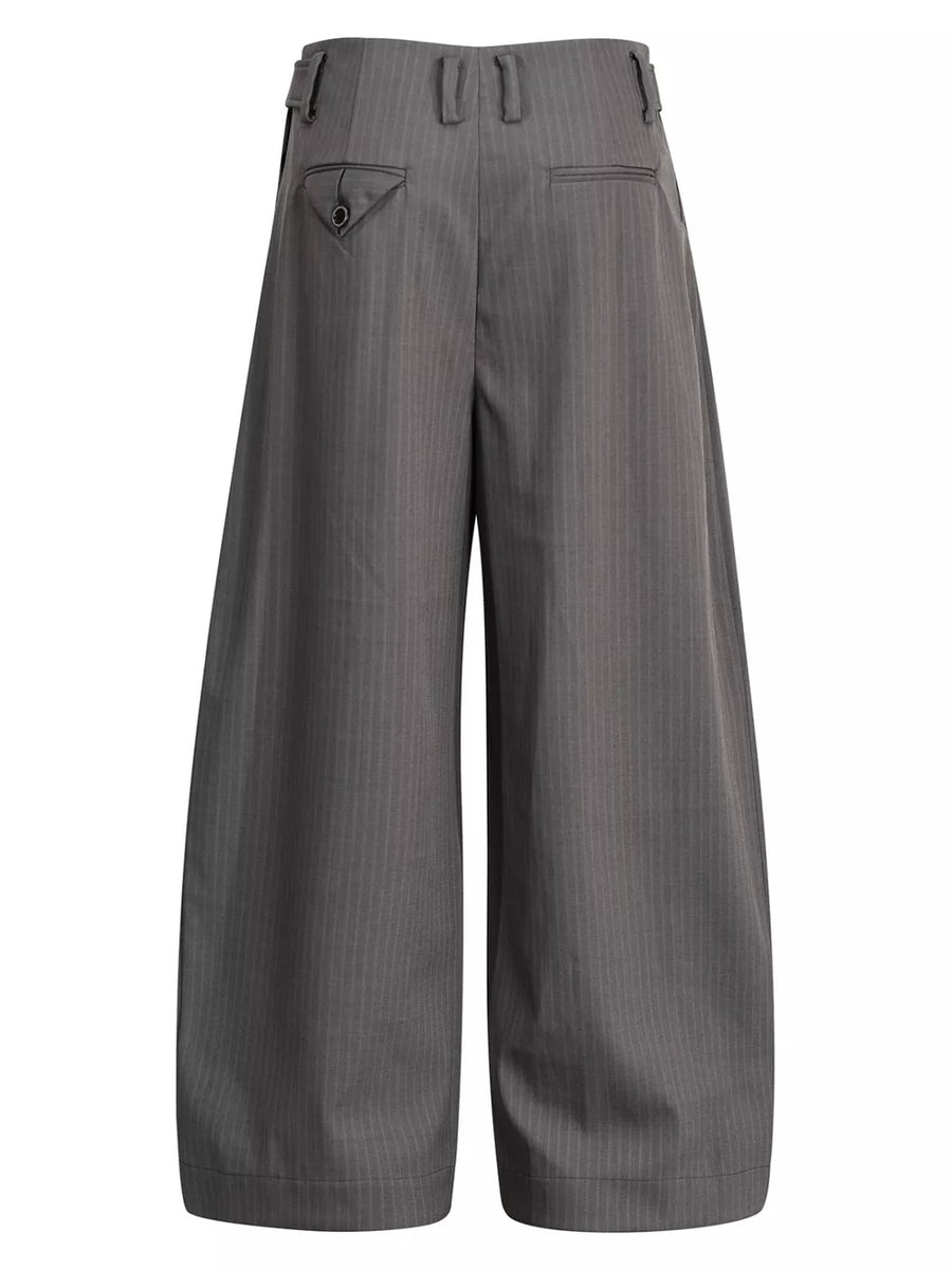 Grey pinstripe wide-leg men's sweatpants with buttoned back pocket detail.