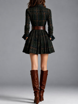 Button-Down Mini Long-Sleeve Pleated Dress in White (with Belt) with pocketed