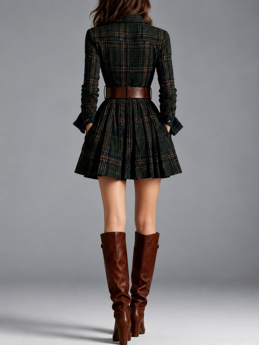 Button-Down Mini Long-Sleeve Pleated Dress in White (with Belt) with pocketed