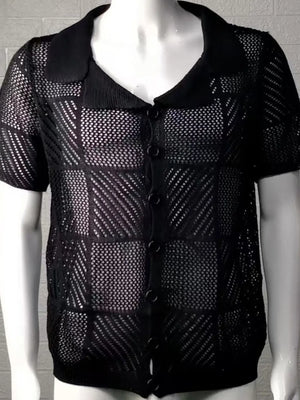 Black geometric knit polo shirt with button front and short sleeves.