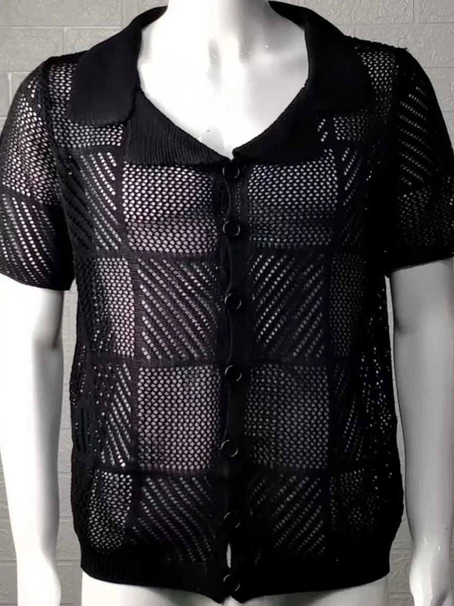 Black geometric knit polo shirt with button front and short sleeves.