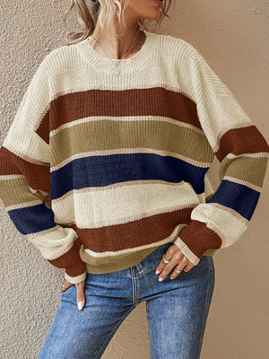 ivory crewneck sweater with striped and crew neck