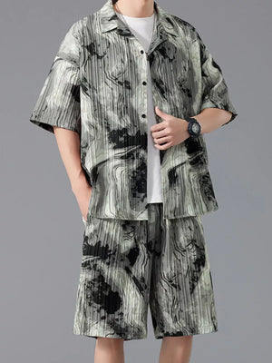 Men's casual set with tie-dye pattern, short sleeves, and button-up shirt.