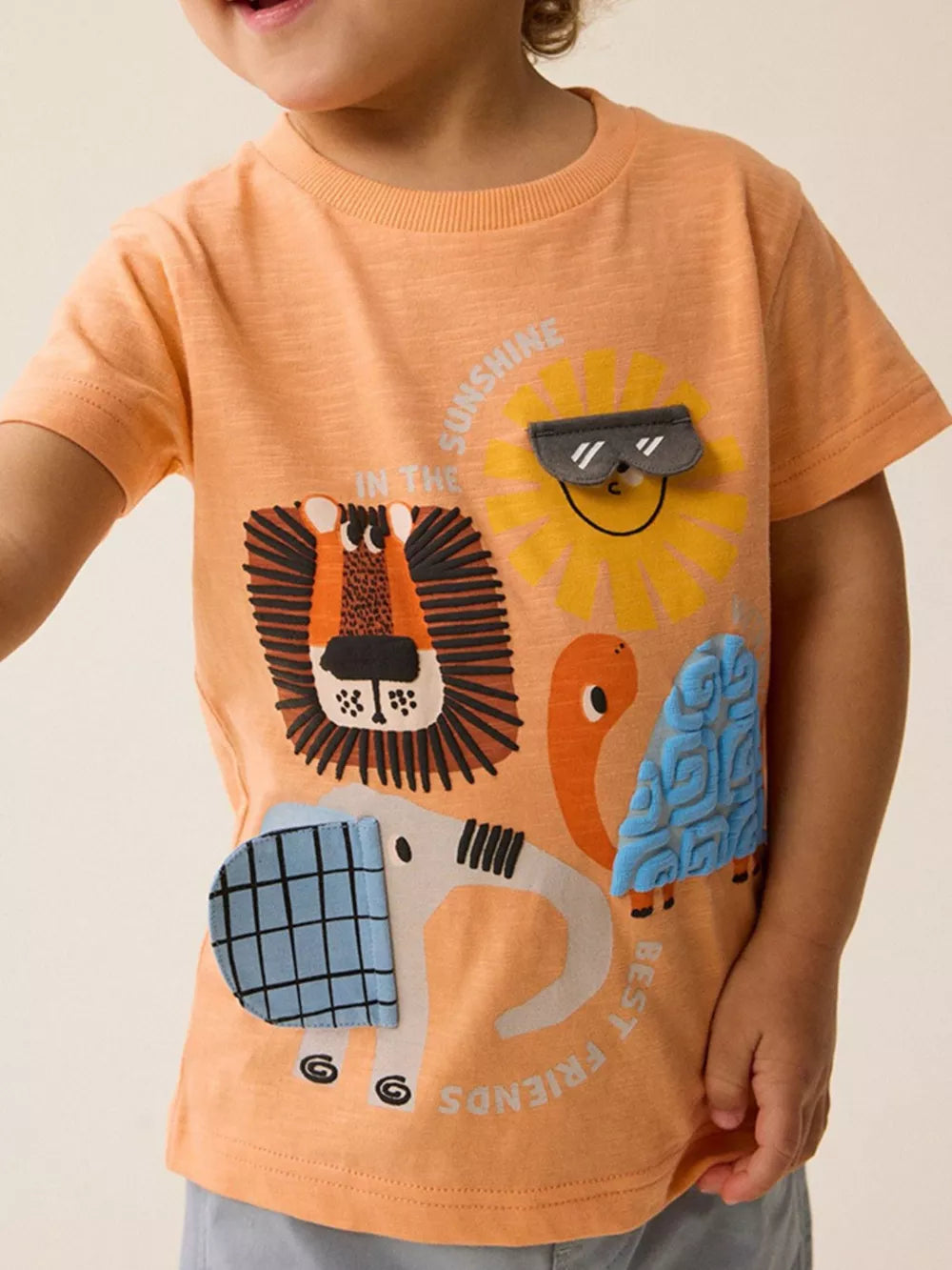 Orange cotton t-shirt with safari animal graphics and text, short sleeves, crew neck.