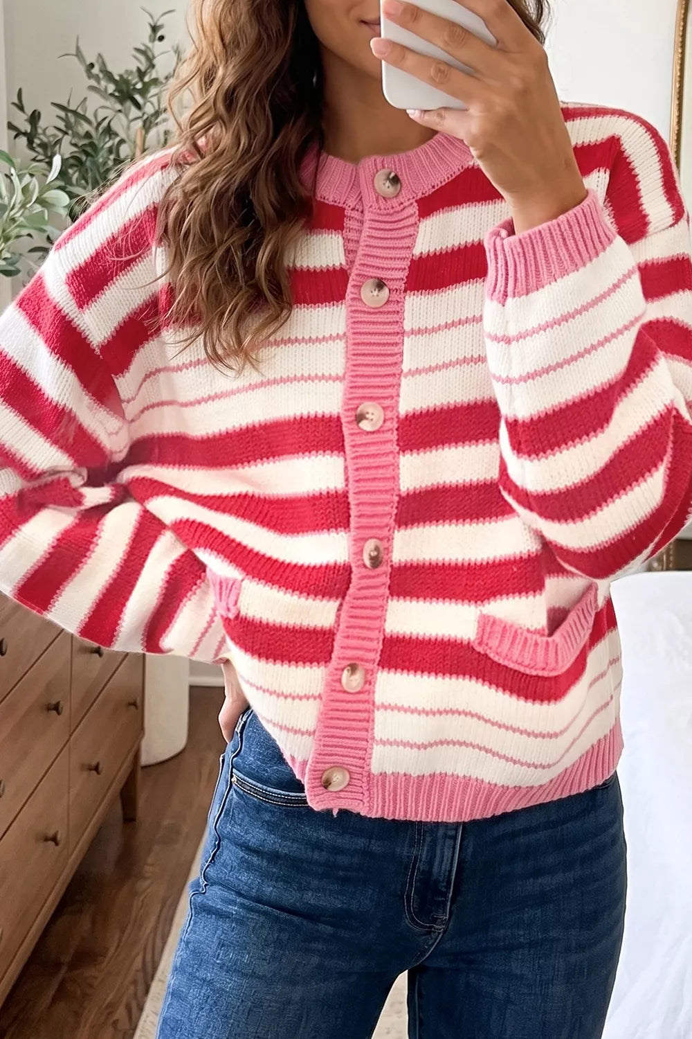 Strawberry Stripe V Neck Long Sleeve Cardigan