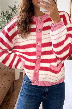 Strawberry Stripe V Neck Long Sleeve Cardigan