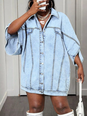 Sky blue denim batwing dress with button front and wide sleeves.