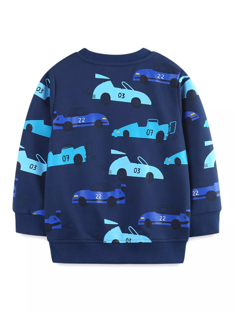 Navy crew neck sweatshirt with a racing car print in blue and light blue.