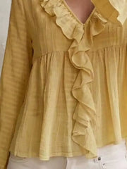 Ruffled V-neck Flounce Sleeve Blouse in Pink