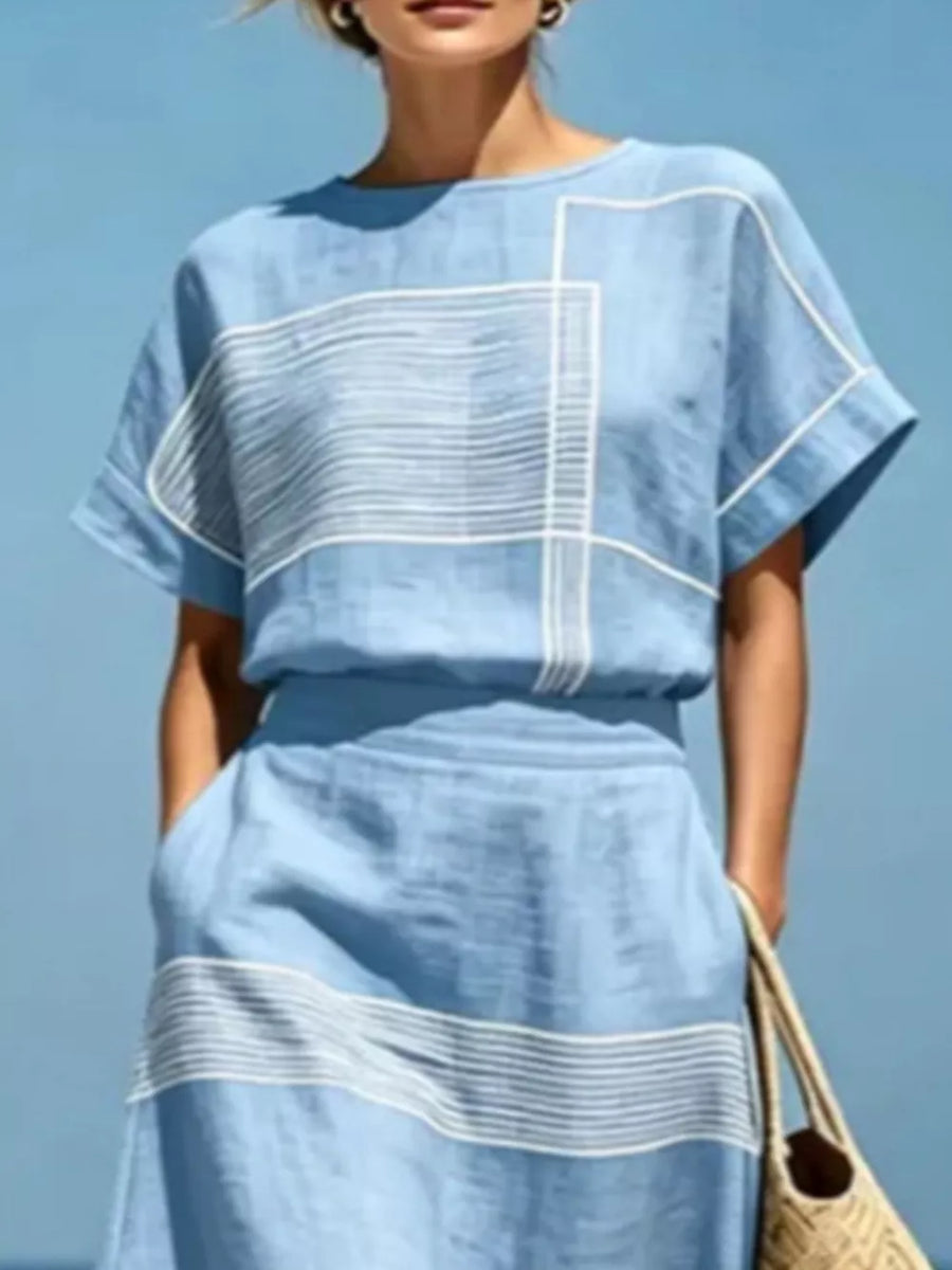 White Full Size Striped Round Neck Top And Skirt Set