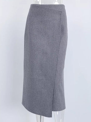 High-waisted Wrap Midi Skirt in Gray with asymmetrical