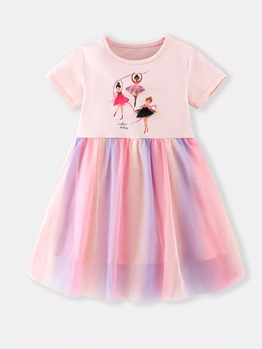 Toddler blush ballet dress with tulle skirt and ballerina graphic.