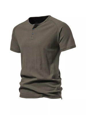 Men's Army Green Cotton Henley T-Shirt with button detail