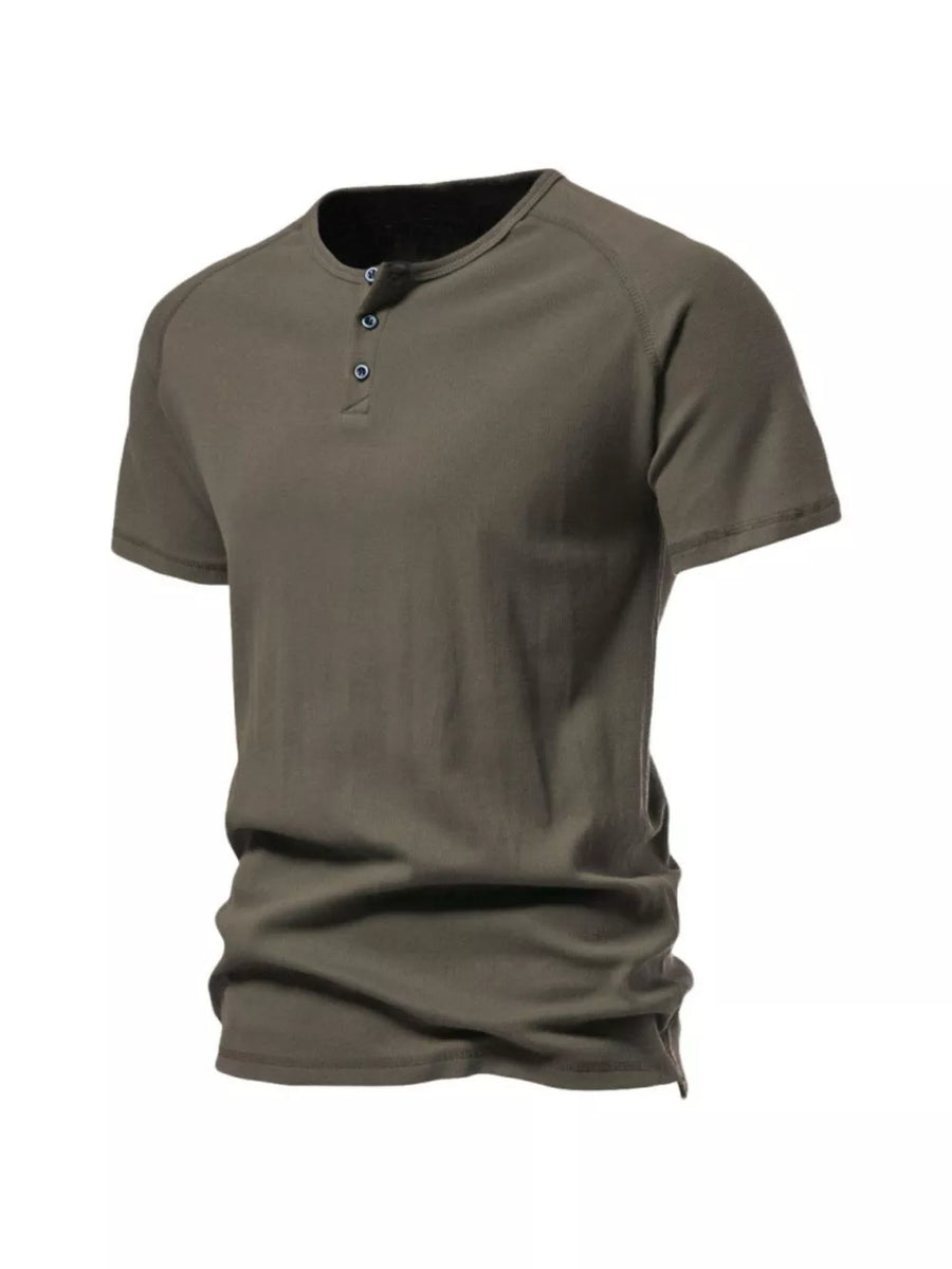 Men's Army Green Cotton Henley T-Shirt with button detail