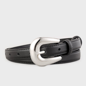 Men's black leather belt with polished silver buckle