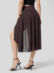 Flowy midi skirt in coffee with a drawstring and shorts liner, featuring a high slit.