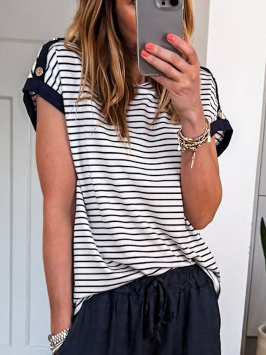 Black and white striped cotton blend tee with cuffed sleeves and button detail