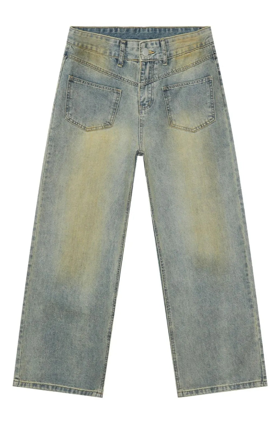 Medium wash wide leg jeans with distressed details and yellowed accents.