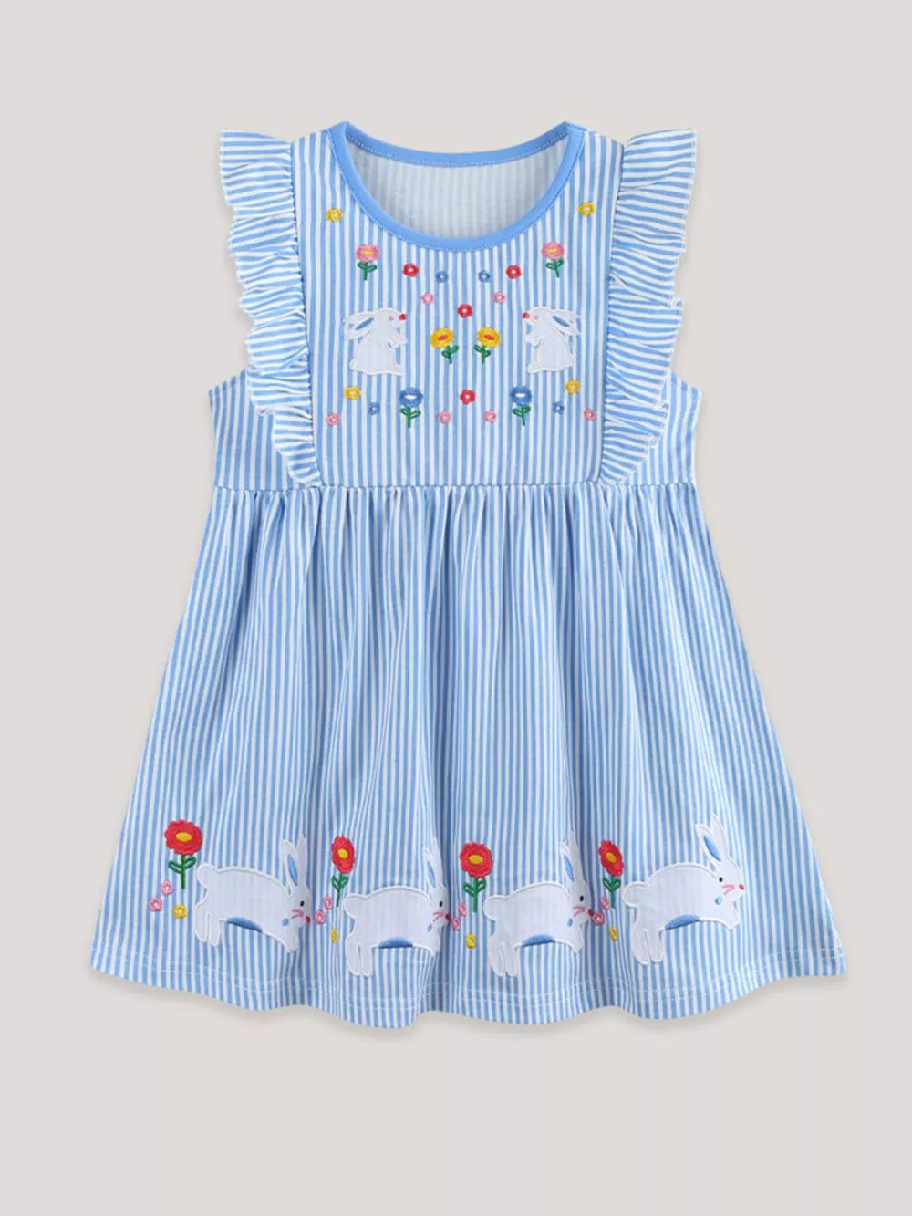 Blue striped cotton toddler dress with embroidered bunnies and flowers, ruffle sleeves.