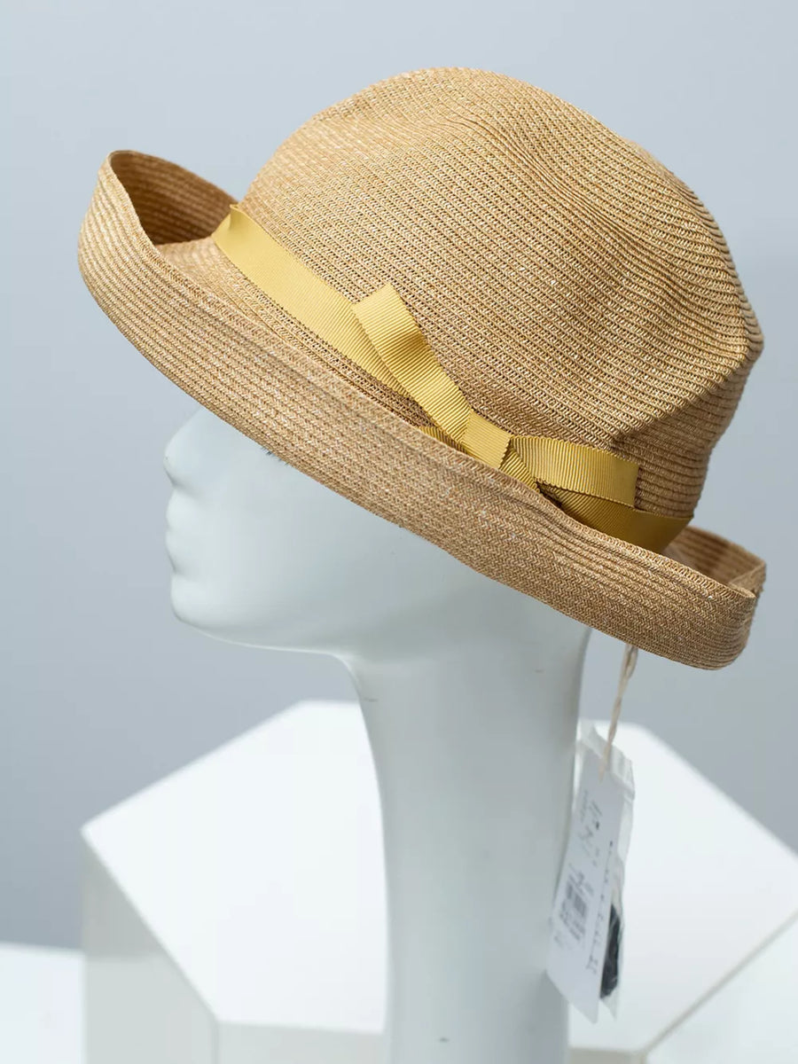 Beige straw sun hat with yellow ribbon bow detail