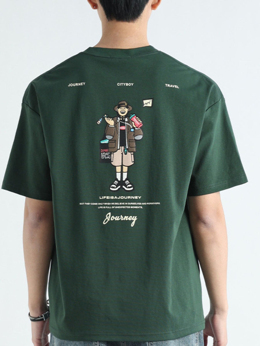 Men's dark green cotton t-shirt with graphic print and text details on the back.