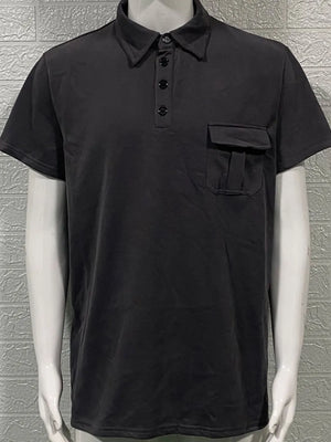 Black utility pocket polo shirt with short sleeves and a button placket.