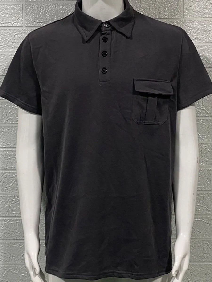 Black utility pocket polo shirt with short sleeves and a button placket.