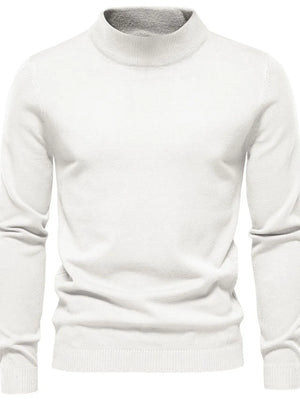 White ribbed mock neck sweater with sculpted shoulders and a classic fit.