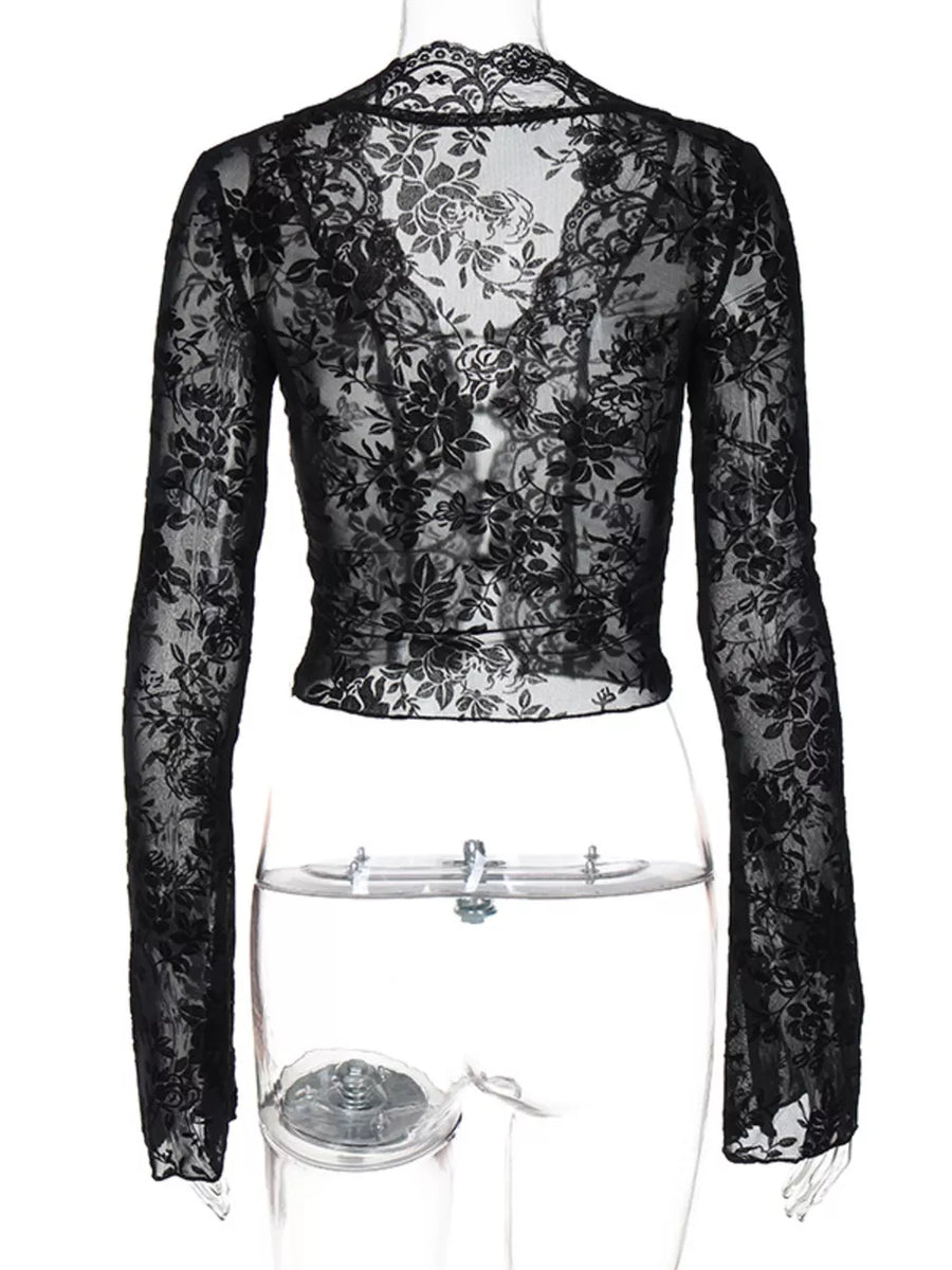 Black lace sheer sleeve t-shirt with floral pattern and V-neckline.