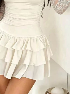 Lace Sleeve Ruffle Layered Mini Dress in White