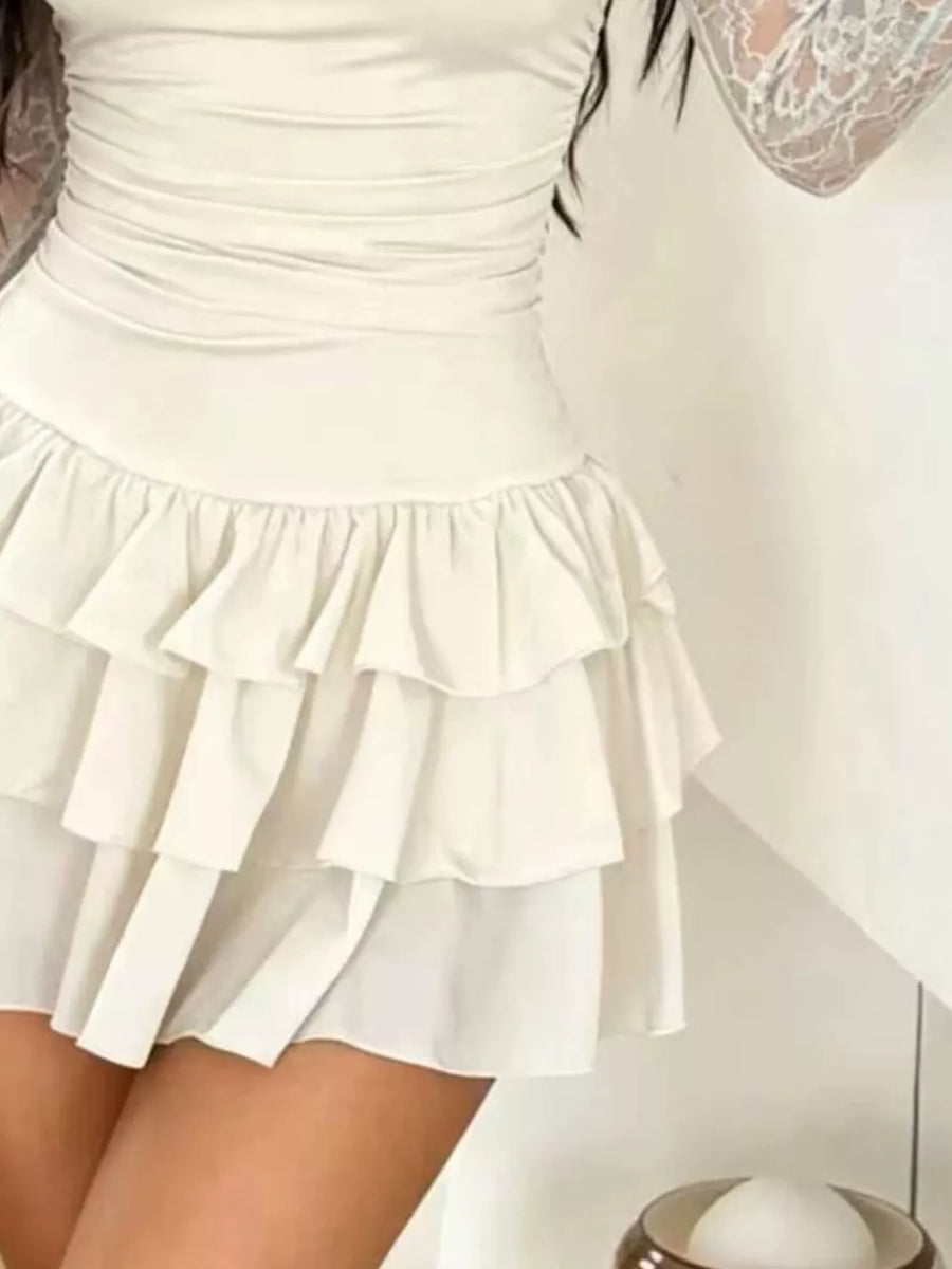Lace Sleeve Ruffle Layered Mini Dress in White