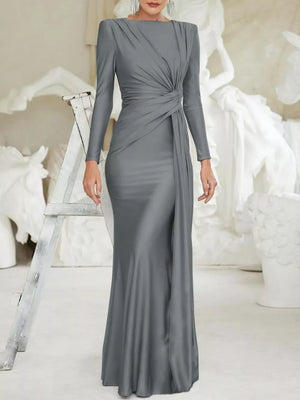 Gray ruched long sleeve maxi dress with boat neckline and draped detail