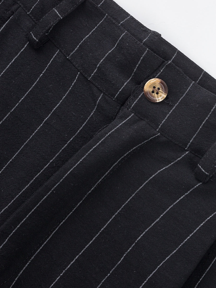 Black pinstripe sweatpants with a button closure and wide leg.