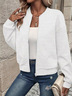 Textured Knit Zip-up Bomber Jacket in White