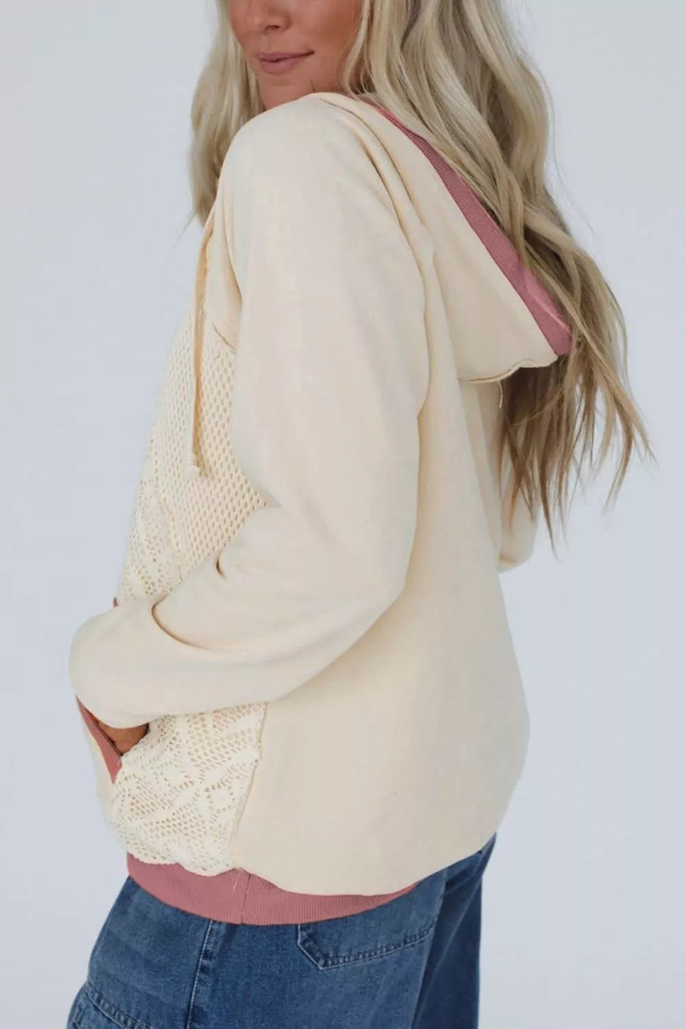 ivory pullover hoodie with hip-length and pullover